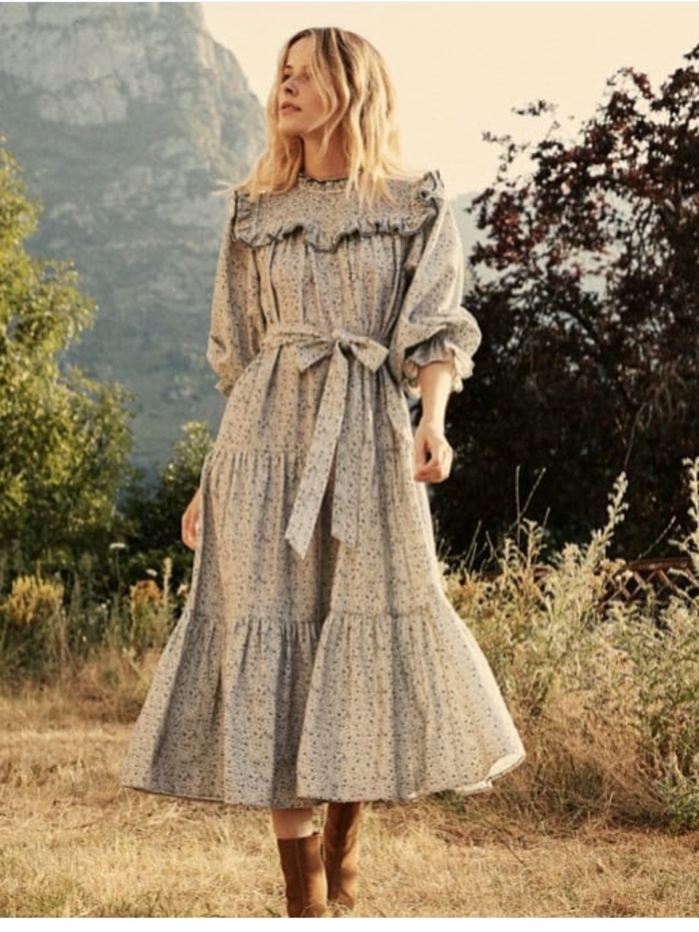 Doen Cream Floral Ruffle Maxi Dress